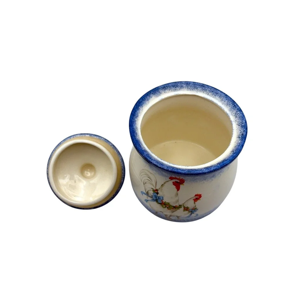 Vintage Ceramic Rooster Hen Storage Jar Lid Blue Chicken Farmhouse Canister 7